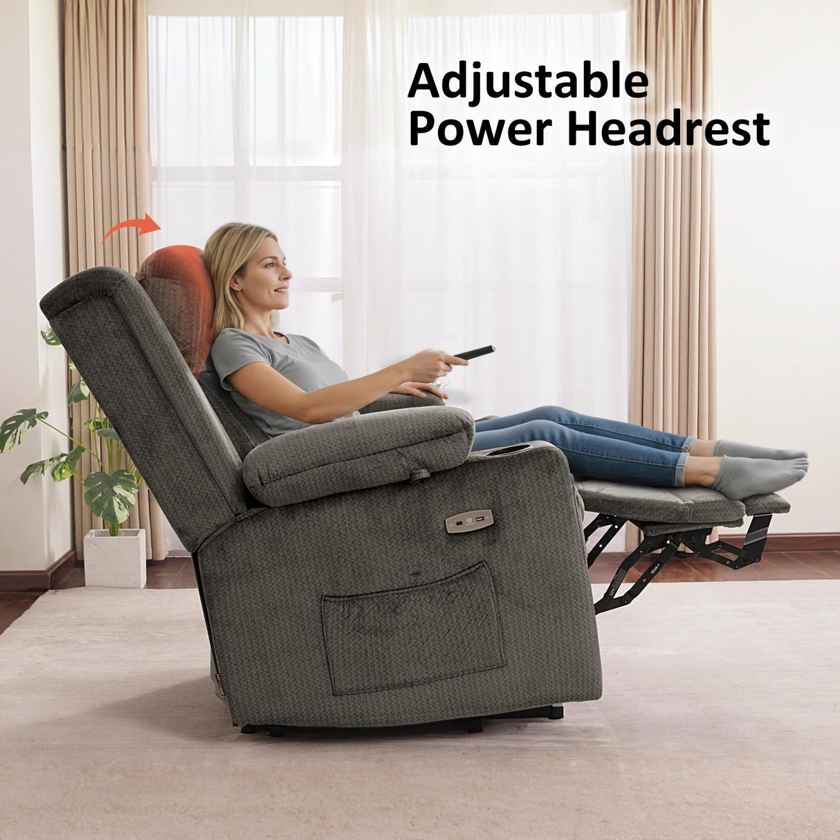 MCombo Large Triple Motor Power Lift Recliner Chair with Massage and Heat for Elderly People, Adjustable Headrest, Infinite Position, USB Ports, Fabric 7662 (Grey, Large) MCombo