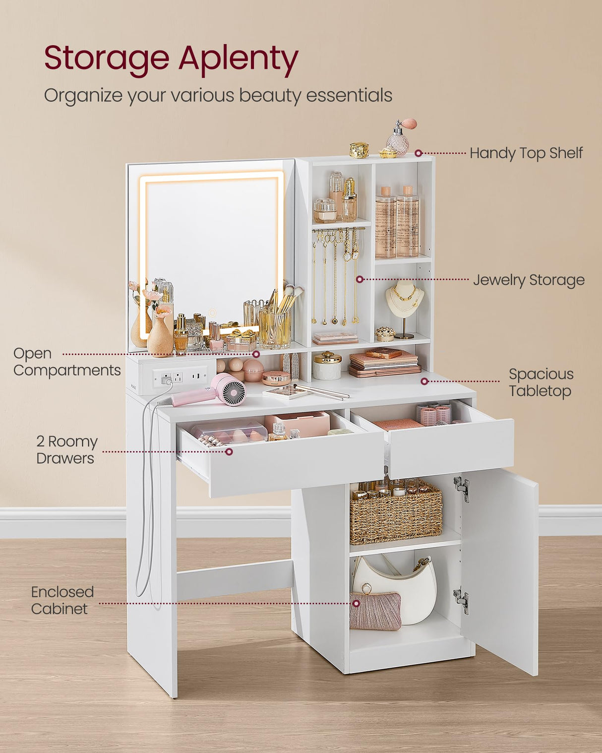 VASAGLE Vanity Desk with Mirror and Lights, Power Outlets, Vanity Table Set with Stool, Drawers, 35.4-Inch Wide Makeup Vanity, Jewelry Storage, Adjustable Shelves, for Bedroom, Cloud White URDT132W02 VASAGLE