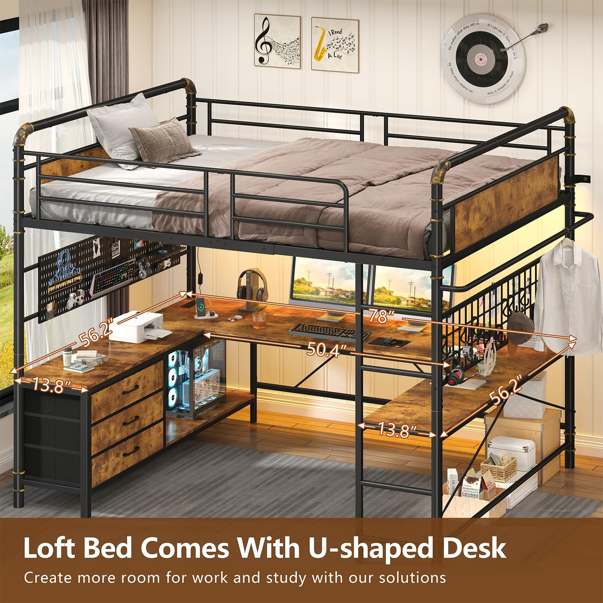 Full Size Loft Bed with U-Shaped Desk, Industrial Heavy Duty Full Loft Bed Frame with Pegboard & Mesh Shelf, RGB Lights, Bunk Loft Beds with Power Outlet, 3 Storage Drawers, Safety Guard & Ladder CSZZD