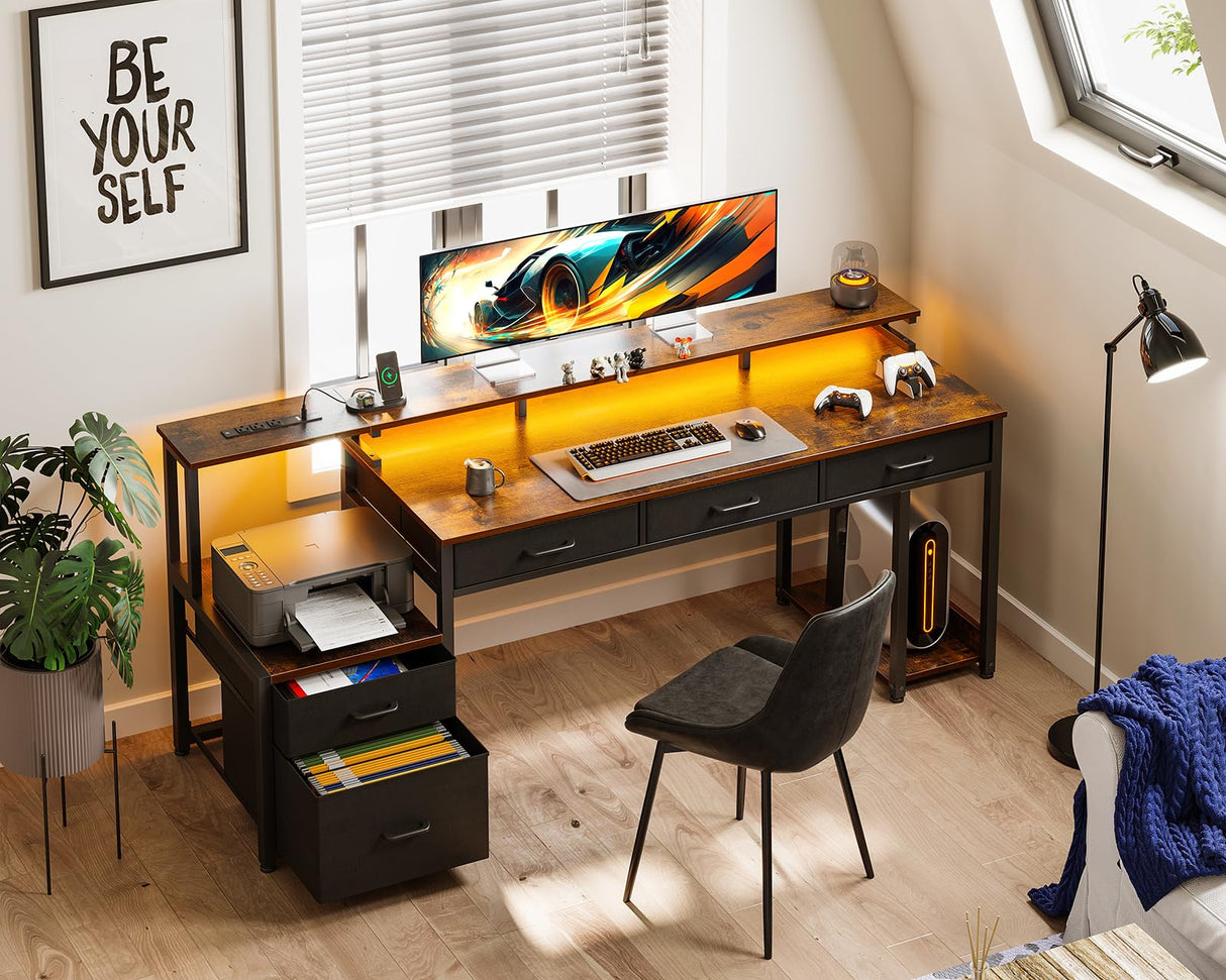 AODK 71 Inch Rustic Brown Office Desk with File Drawers, Power Outlet & LED Lighting AODK