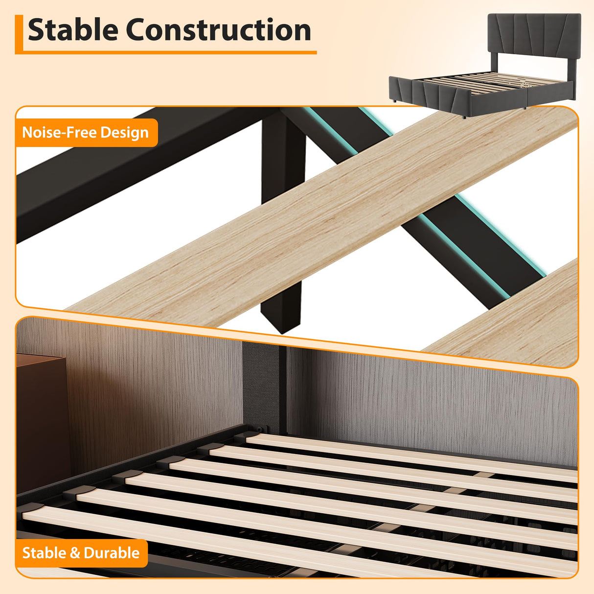 GarveeHome King Size Bed Frame with Adjustable Headboard and 4 Storage Drawers, Velvet Upholstered Tufted King Platform Bed Frames with Wooden Slats Support, King Bedframe No Box Spring Needed, Grey GarveeHome