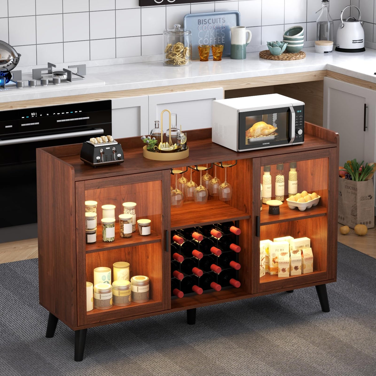 Loomie Wine Bar Cabinet with LED Light, Home Coffee Cabinet with Wine Rack and Glass Holder, Kitchen Buffet Sideboard W Storage Shelf, Freestanding Liquor Cabinet for Living Room, Dining Room (Walnut) Loomie