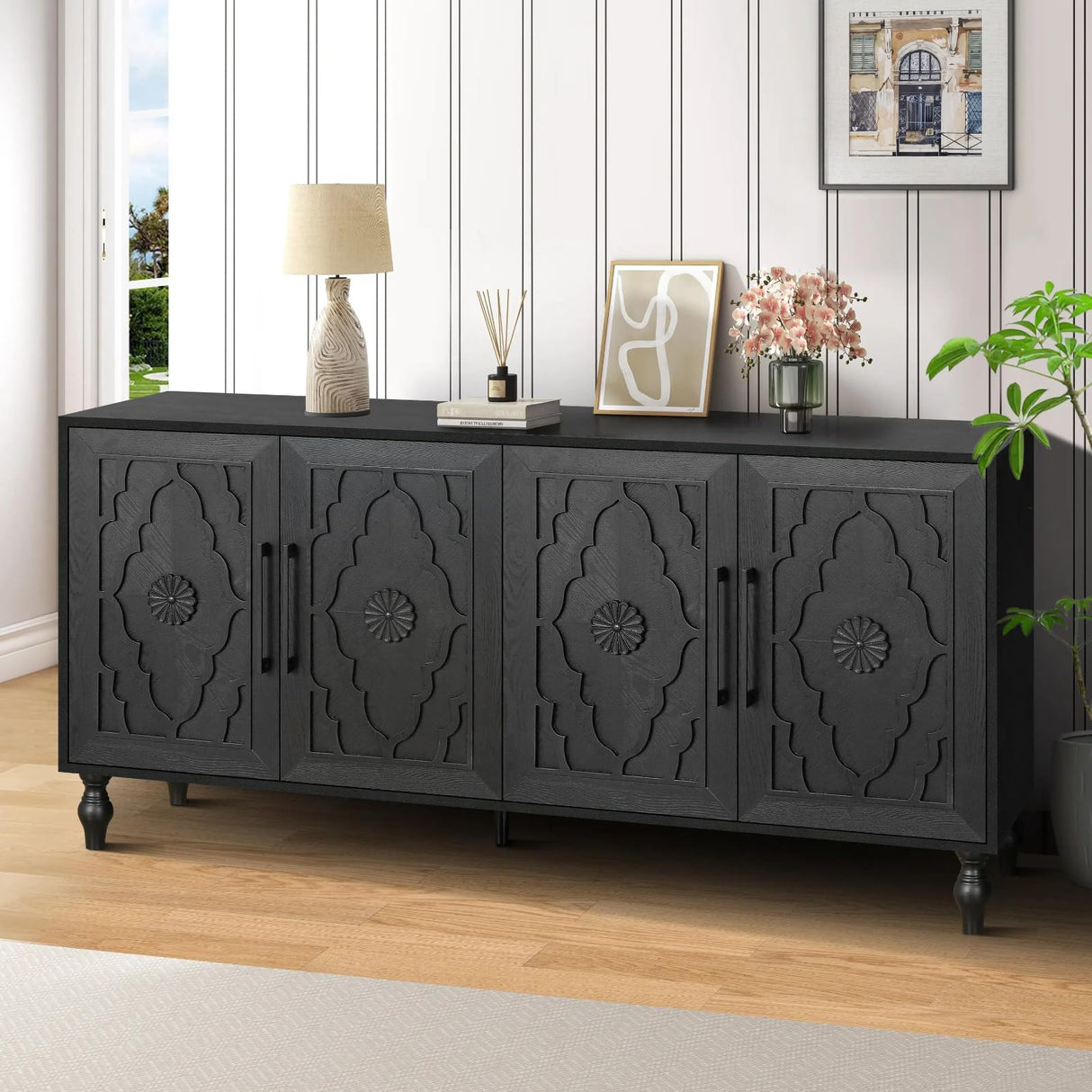 WILSHINE Sideboard Buffet Credenzas for Living Room, 63" Antique Black Entryway Table with Storage Accent Cabinet, Carved Flowers Doors & Wire Holes WILSHINE