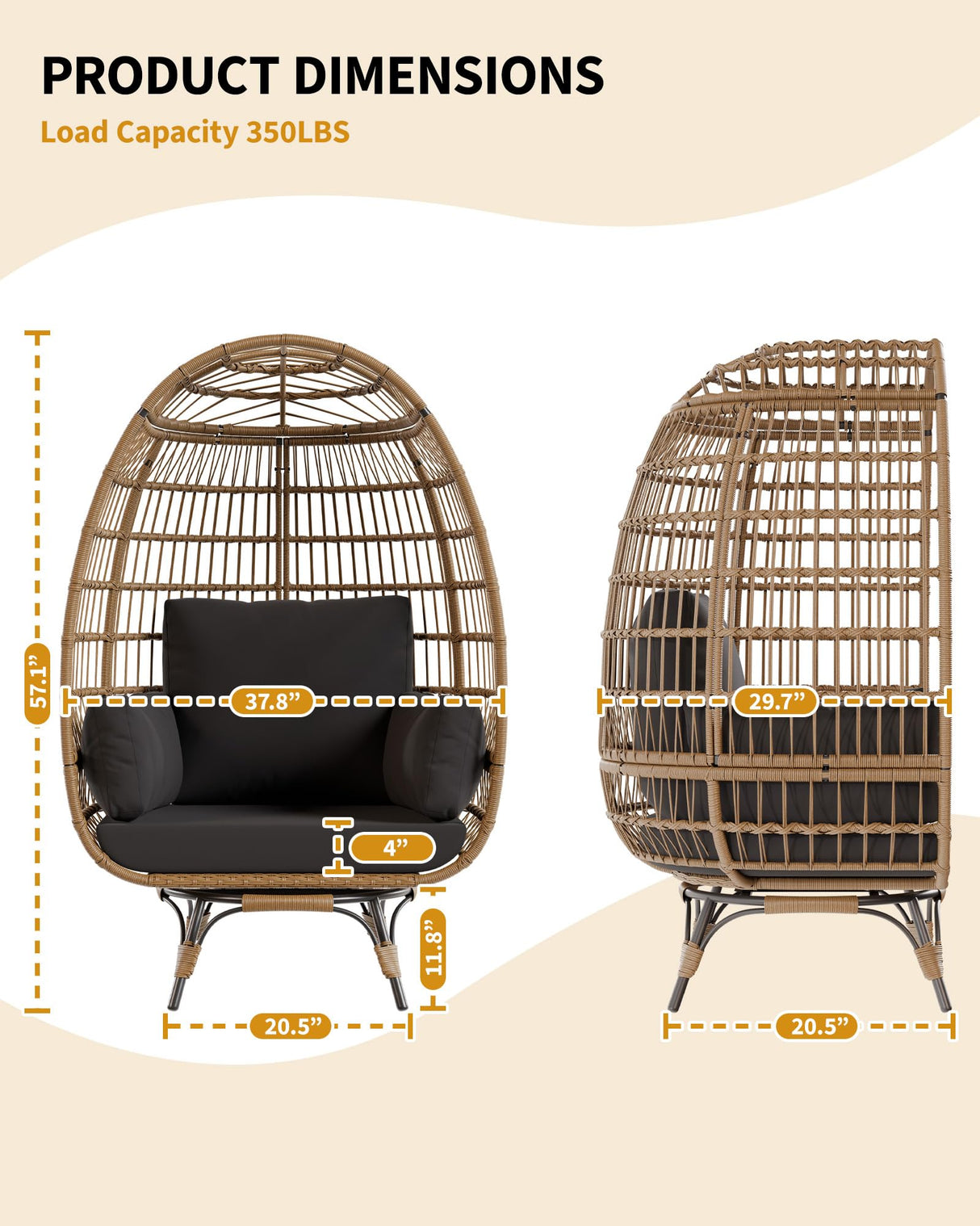 GarveeLife Oversize 360°Swivel Egg Chair Patio Rotating Rattan Egg Basket Lounge Chair, Wicker Egg-Shaped Chair w/Steel Frame Stand and 4 Cushions for Patio, Porch, Backyard, Living Room, Black GarveeLife