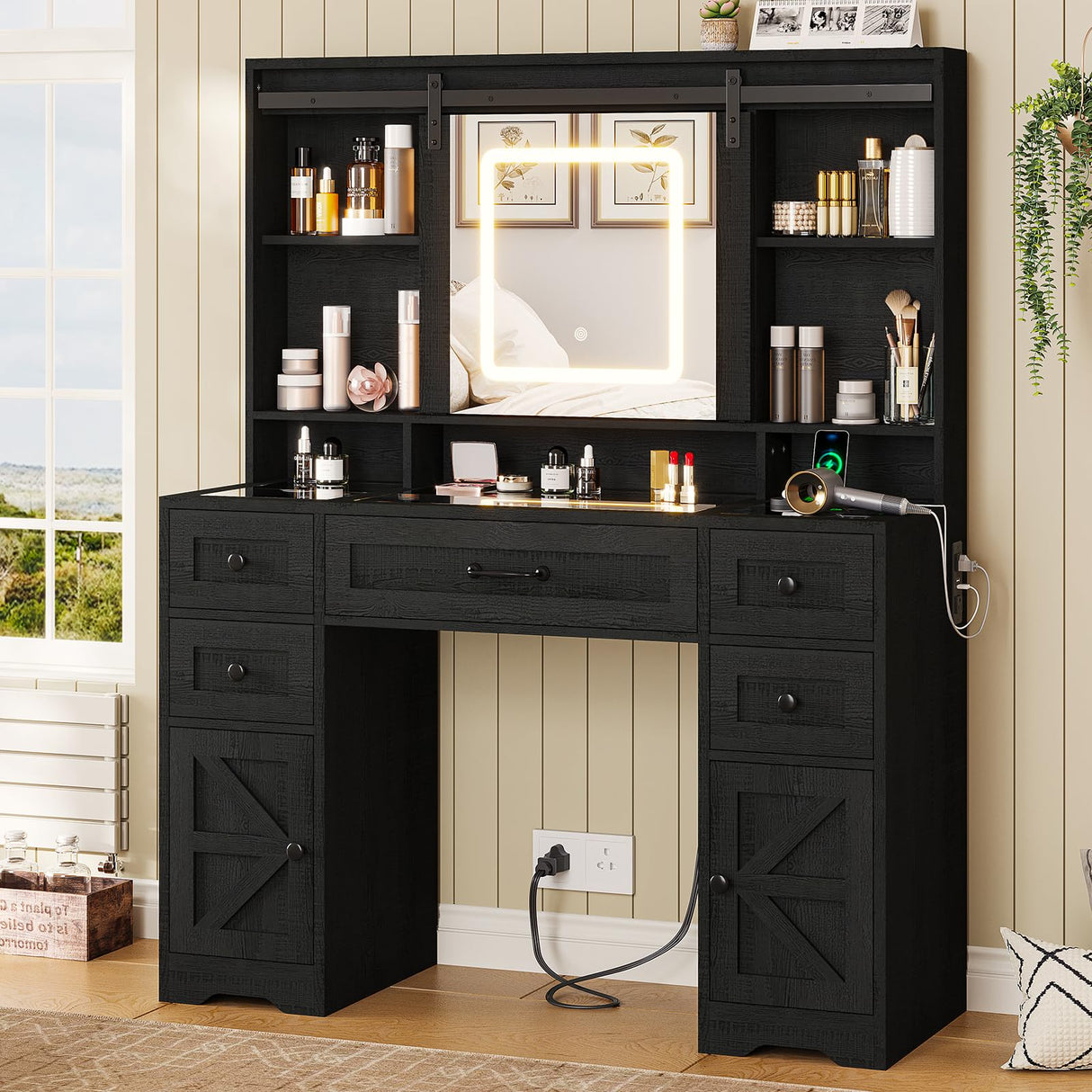 BTHFST Farmhouse Makeup Vanity with Lights & Sliding Mirror, Glass Top Vanity Desk with Charging Station, Large Makeup Table with 5 Drawers & Shelves BTHFST