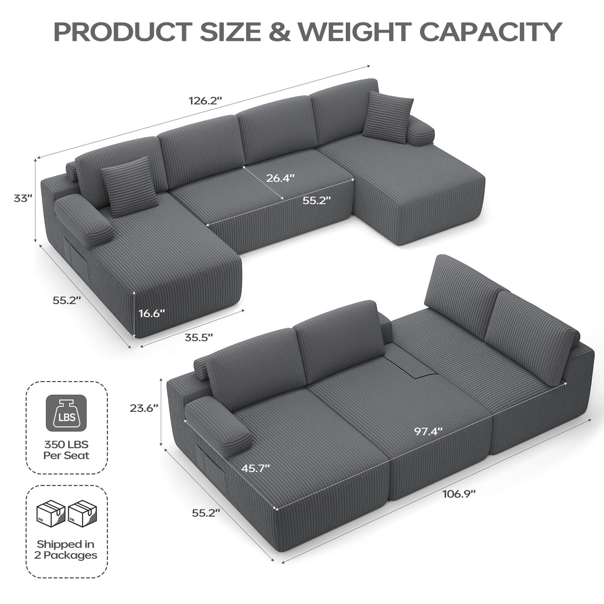 DURASPACE 126.2'' Modular Sectional Sofa, Convertible U Shaped Cloud Couch with Memory Foam, Corduroy Boneless Sectional Couches for Living Room, No Assembly Required (Gray) DURASPACE