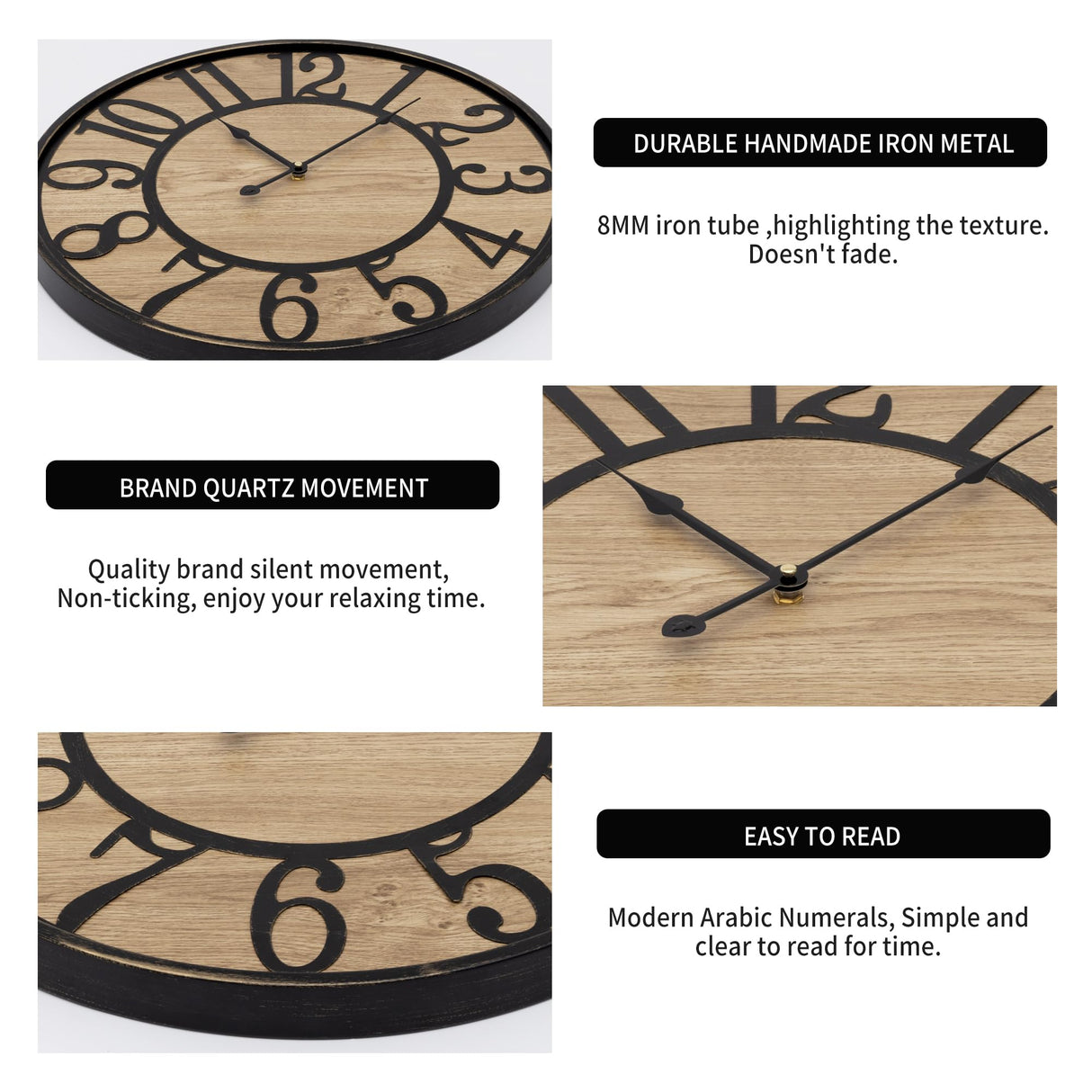 Maxstar Wall Clock Silent Bronze Rustic Farmhouse Metal & Wood Clocks with Arabic Numeral, Battery Operated Wall Clocks Decorative for Living Room Bedroom Office Home Decor 13inch Maxstar