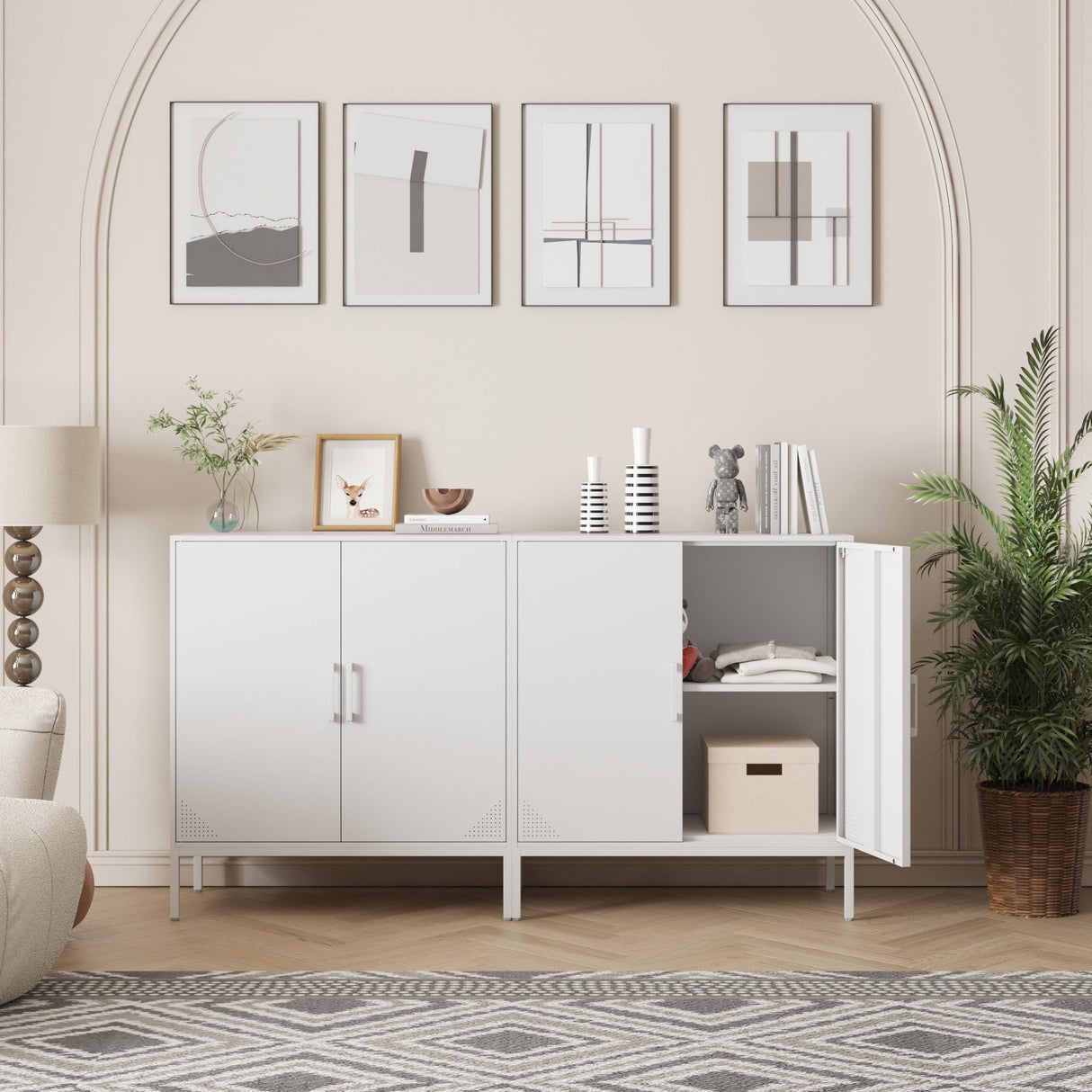 Metal Storage Cabinet with Adjustable Shelves, Steel Buffet Sideboard for Entryway, Living Room, Dining Room, Kitchen, Office, Bar (White) Steehoom