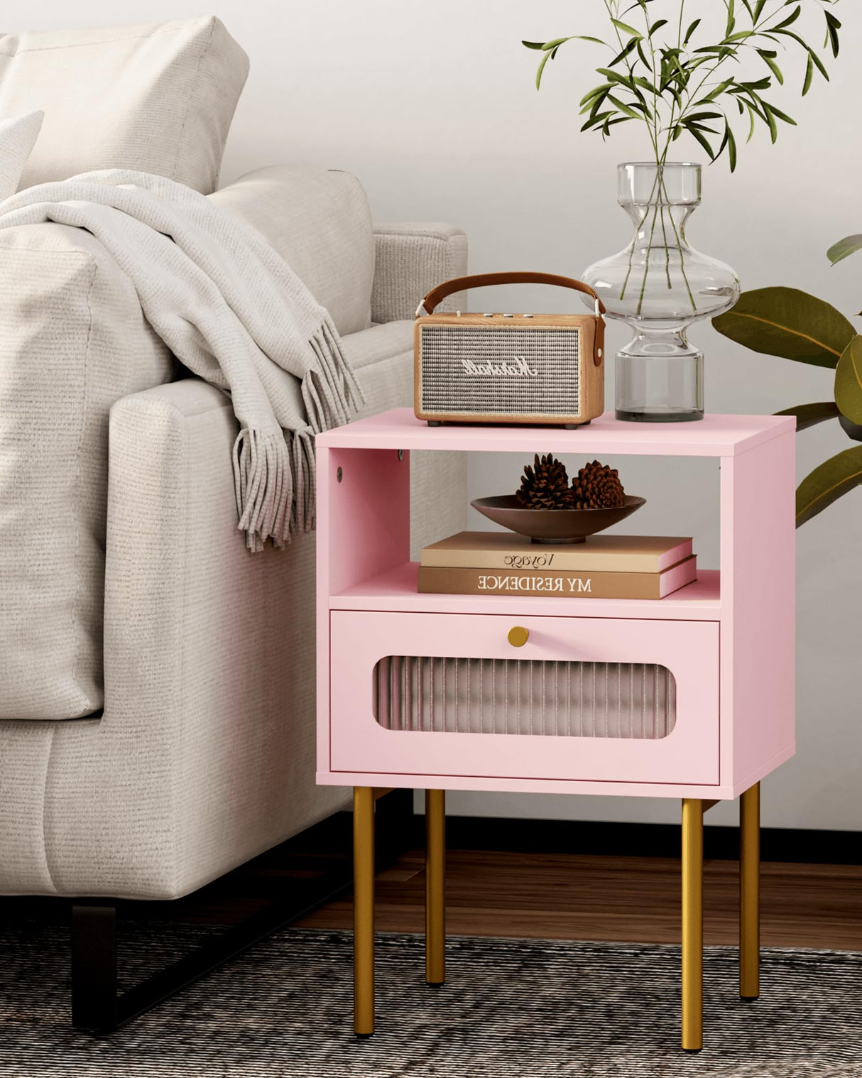 Leomonio Nightstand,Modern Beside Table with Storage Drawer and Open Wood Shelf,Small End Side Table with Glass Decorative Door and Gold Frame,for Living Room,Bedroom (Pink) Leomonio