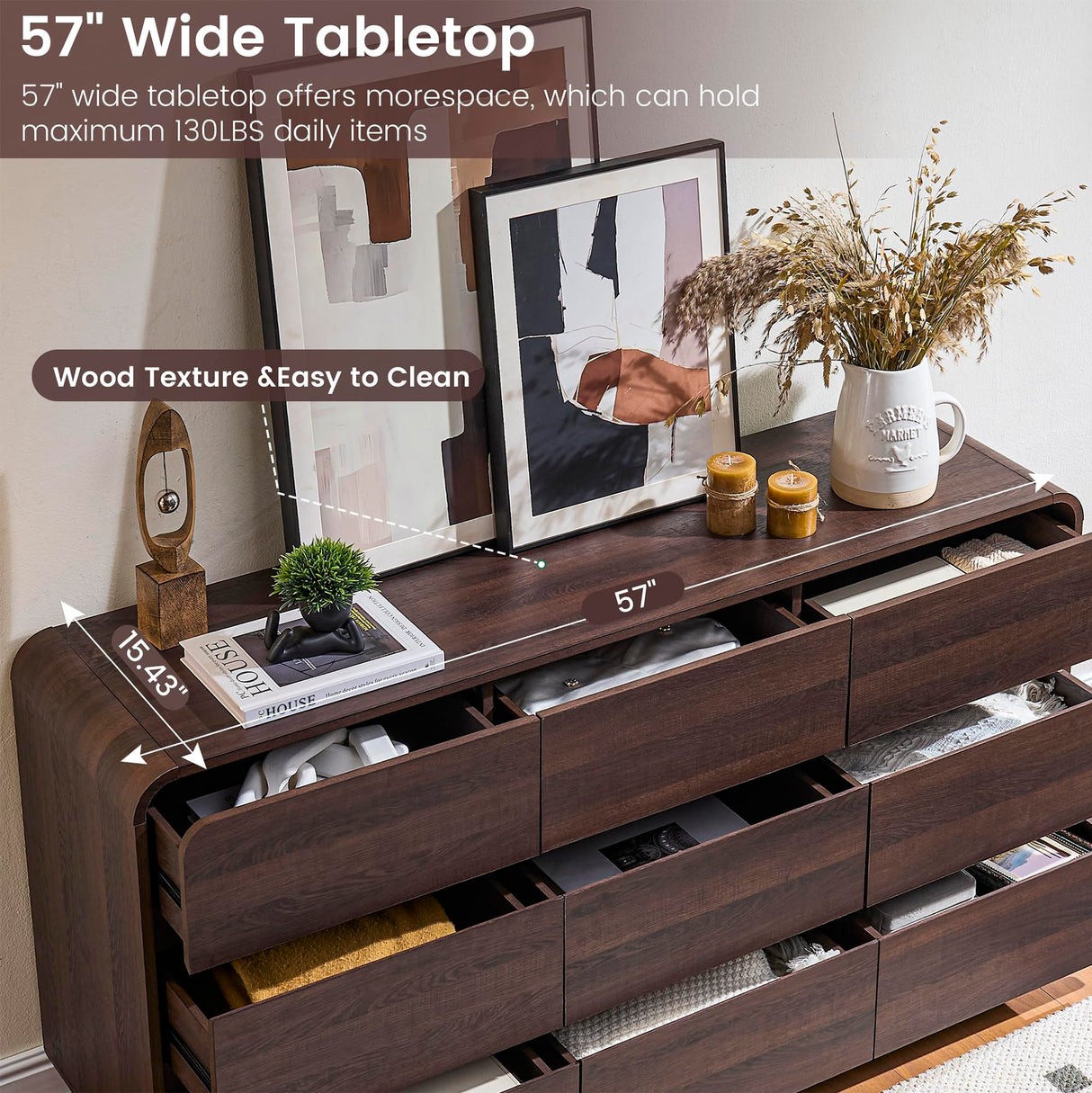 Standifurno 9 Drawer Double Dresser for Bedroom, Modern Curved Wood Chest Drawers of Handleless, Large Storage Dresser Bedroom, Living Room, Entryway, Walnut Standifurno