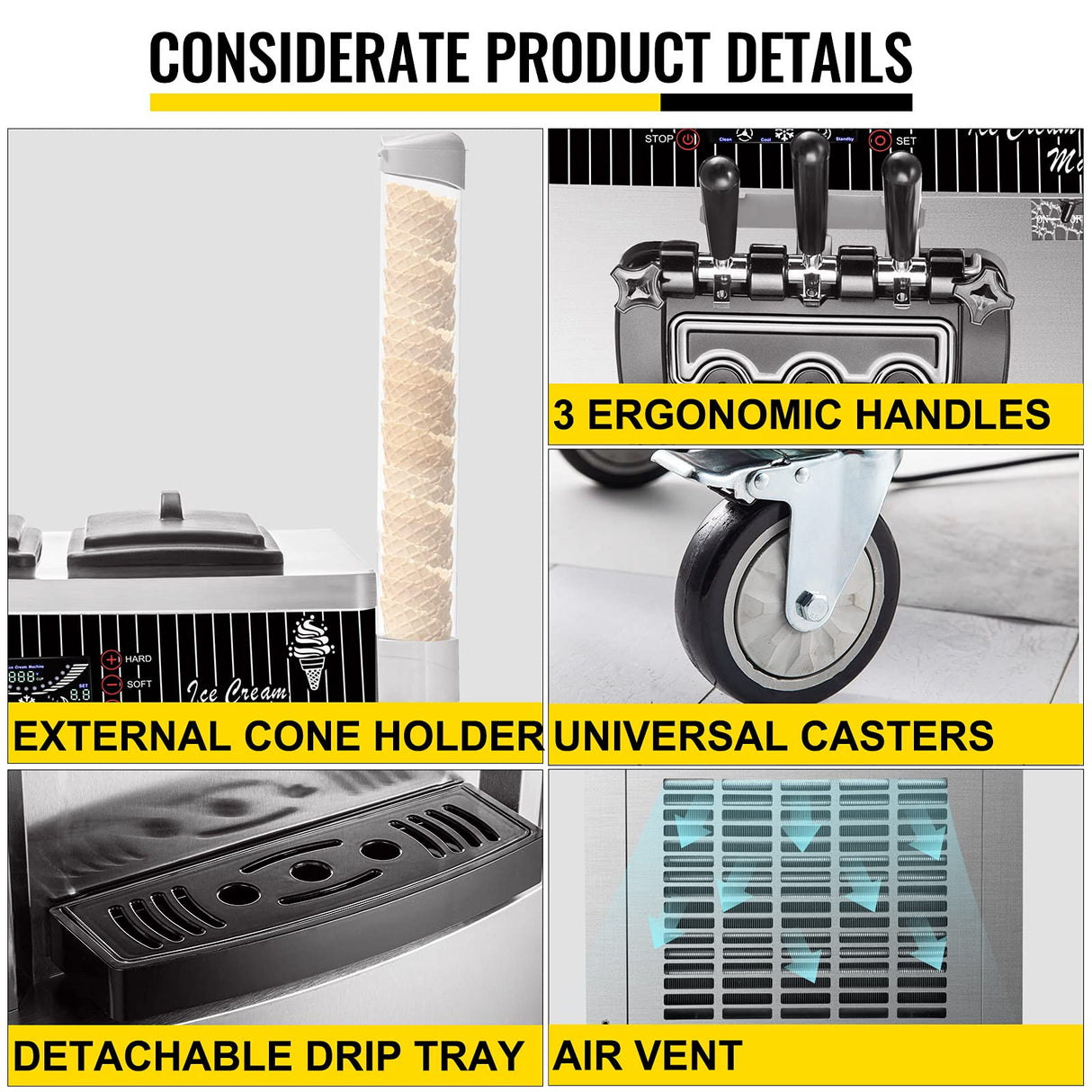 VEVOR Commercial Soft Ice Cream Machine, 2200W Serve Yogurt Maker, 3 Flavors Ice Cream Maker, 5.3 to 7.4 Gallons per Hour Auto Clean LCD Panel for Restaurants Snack Bars, Stainless Steel VEVOR