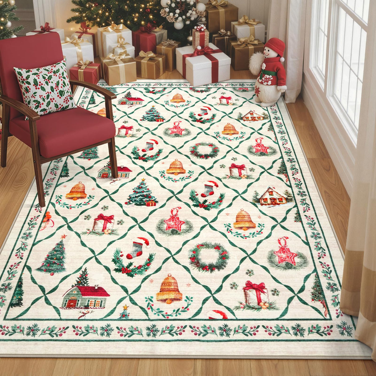 LIVEBOX Machine Washable Christmas Area Rug 5x7 - Moroccan Rug Thin Non-Slip Christmas Rugs for Living Room Bedroom,Large Neutral Low-Pile Green Rugs for Dining Room Office, Beige/Green LIVEBOX