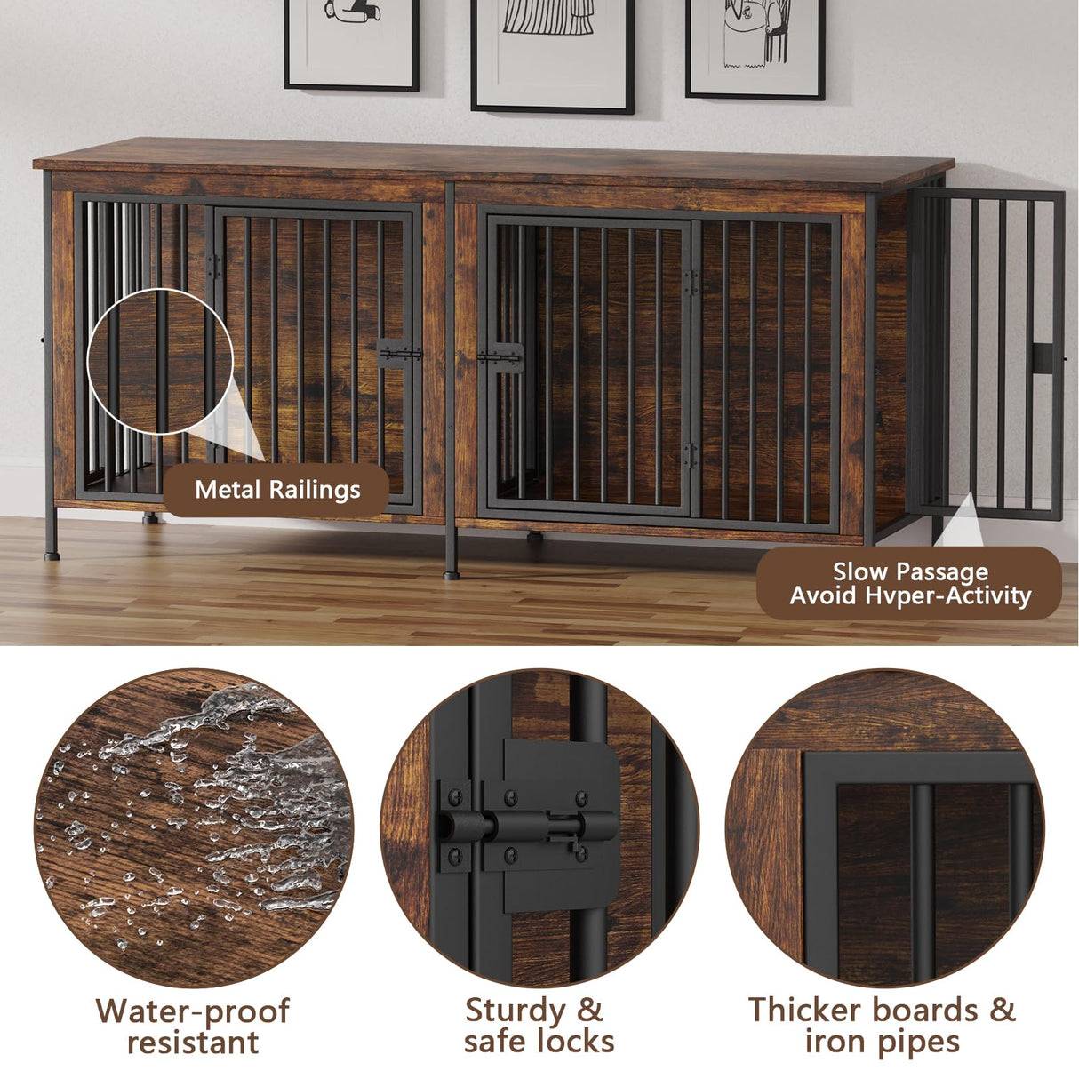 EasyCom 78 Inch Dog Cage Furniture for 2 Dogs, Extra Large Double Dog Crate Furniture Large Breed, XXL Thick Wooden Dog Crate Furniture TV Stand, Sturdy Dog Kennel Furniture Dog Crate with Divider EasyCom