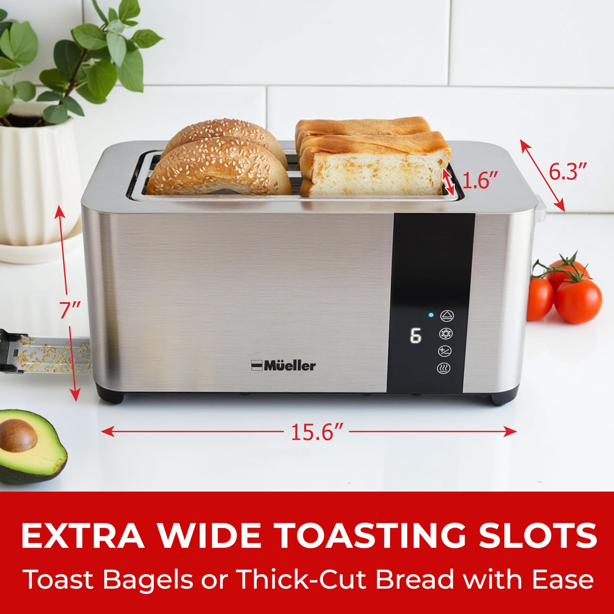 Mueller UltraToast Full Stainless Steel Toaster 4 Slice, Long Extra-Wide Slots with Removable Tray, Cancel/Defrost/Reheat Functions, 6 Browning Levels with LED Display, Kitchen Essentials & Gadgets Mueller