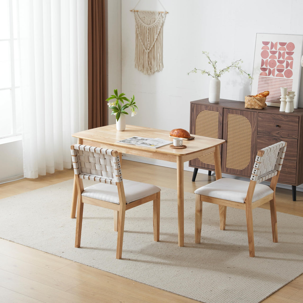 VINGLI Beige Woven Wooden Dining Chairs Set of 2,Armless Mid Century Modern Desk Chairs with Rivet&Foot Pegs,Upholstered Farmhouse Comfy Chair No Wheels for Dining Room,Living Room,Kitchen,Oak,Suede VINGLI