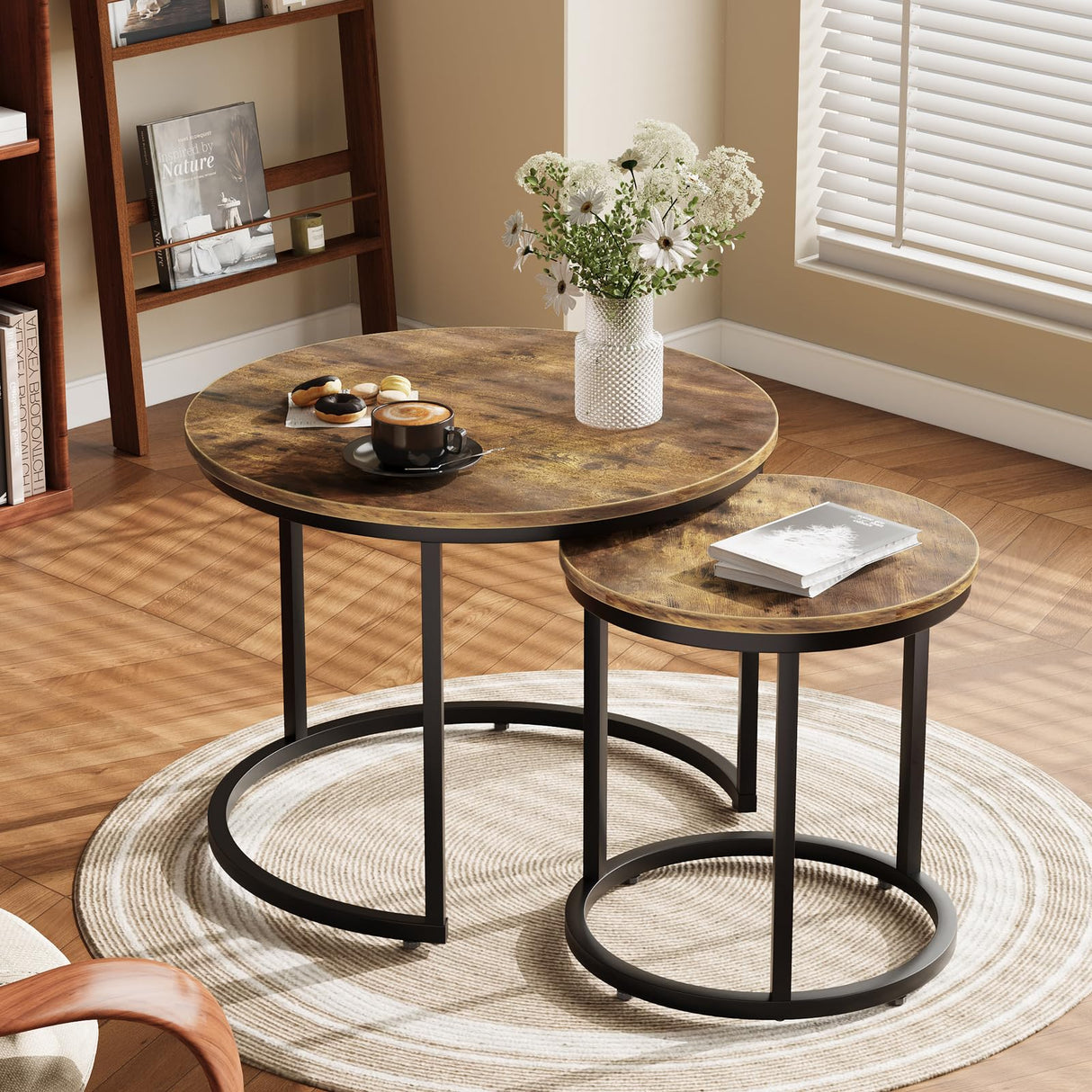 Smuxee Nesting Coffee Table Set of 2, 23.6" Round Coffee Table Rustic Wood Top with Adjustable Non-Slip Feet, Industrial End Table Side Tables for Living Room Bedroom Balcony Yard Smuxee