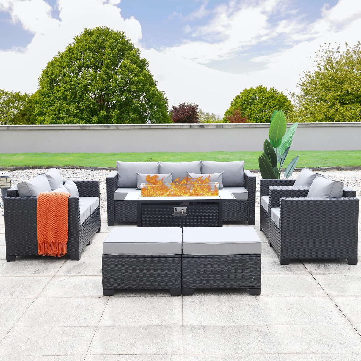 Rattaner 7 PCS Outdoor Furniture Sets 60000BTU 45-Inch Outdoor Propane Fire Pit Table Patio Furniture Set No-Slip Cushions and Waterproof Covers, Light Grey Rattaner