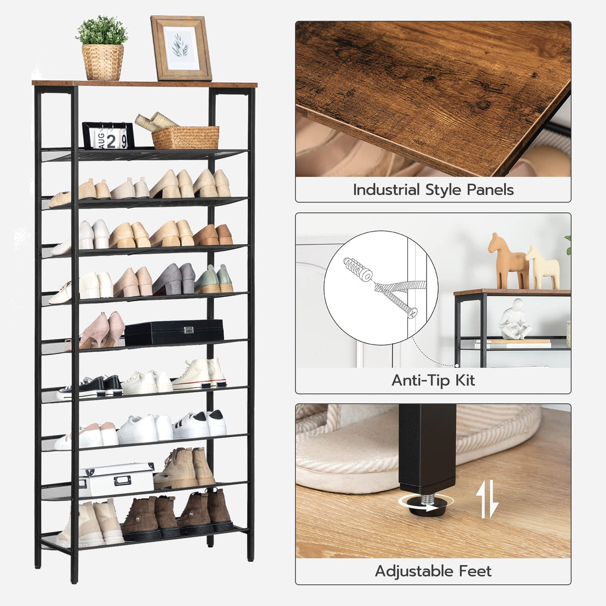 HOOBRO 10-Tier Shoe Rack, Large Capacity Shoe Shelf, Shoe Storage Organizer for 30-40 Pairs of Shoes, Front Door Entrance, Entryway, Hallway, Closet, Space Saver, Rustic Brown and Black BF110XJ01 HOOBRO