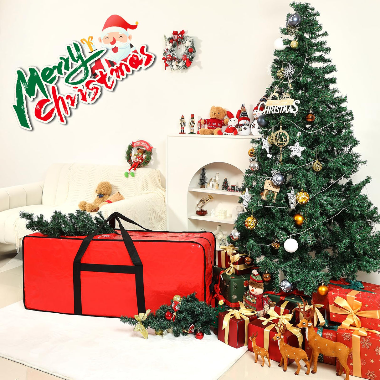 HOMEST Christmas Tree Storage Bag, Fits for 7.5 ft Artificial Xmas Tree, Zippered Christmas Tree Bag with Reinforced Carrying Handles and Wheels, Red (Bag Only) HOMEST