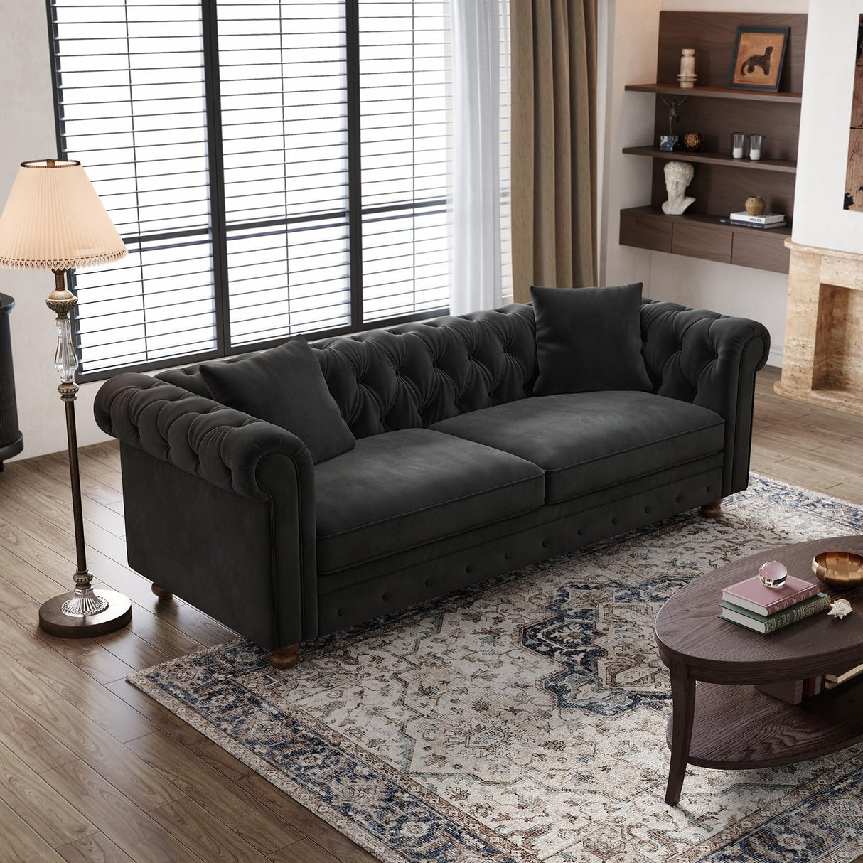 ONBRILL 82" Chesterfield Sofa, Black Velvet Couch with Rolled Arms, 23.6" Deep Seat Couch w/2 Throw Pillows, Button Tufted Backrest, Turned Wood Legs, Comfy Loveseat Sofa for Living Room, Bedroom ONBRILL