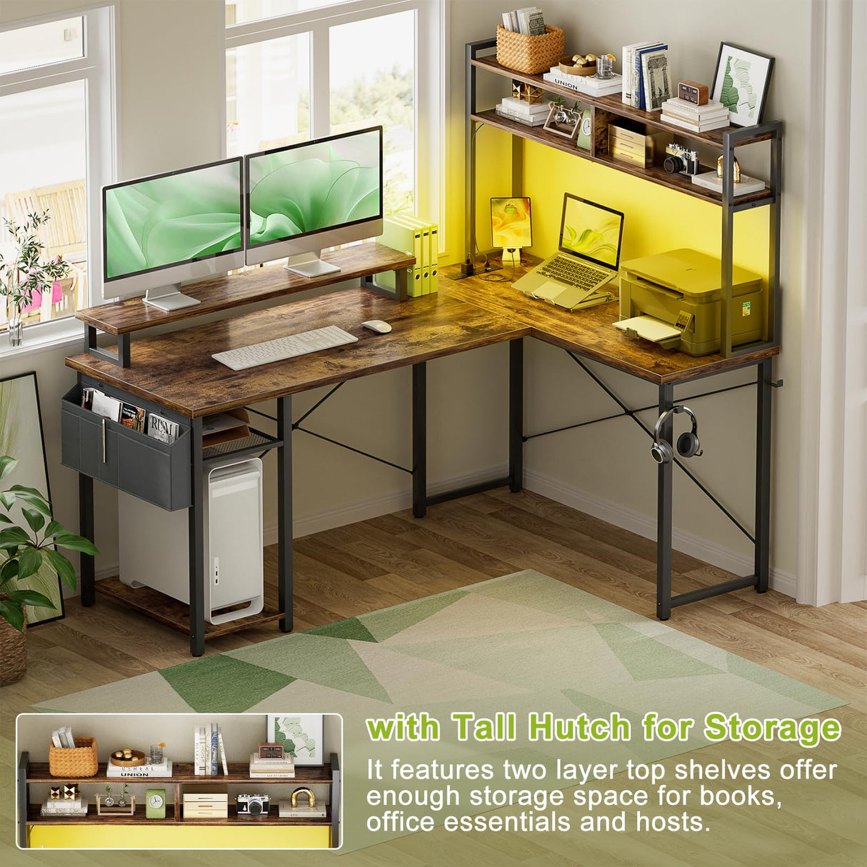 Besiost Small L Shaped Gaming Desk with Power Outlets, 48" Reversible L Shaped LED Computer Desk with Monitor Stand & Storage Shelf, Corner Gamer Desk Home Office Desk with Storage Bag, Rustic Brown Besiost