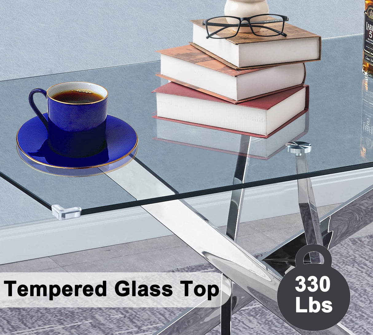 79" Large Dining Table, Glass Kitchen Table for 8-10 Person, Modern Dining Room Table with 0.39" Thick Tempered Glass Top and Silver Stainless Steel Pedestal Base, Big Dining Room Table for Home Pvillez