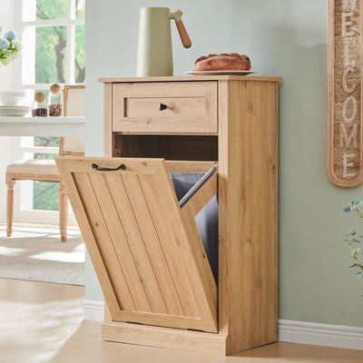 IFGET Tilt Out Trash Can Cabinet, 10 Gallon Farmhouse Laundry Hamper Cabinet with Drawer, Hidden Wooden Trash Garbage Can Bin with Storage Basket for Kitchen, Living Room (Natural)