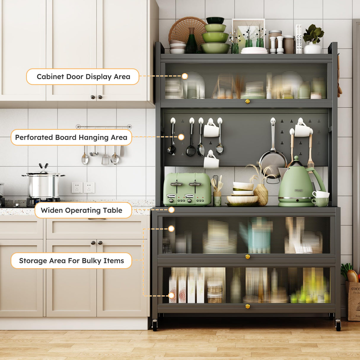 5 Tier 63" Metal Kitchen Storage Cabinets with 10 Hooks,Microwave Stand,Kitchen Storage Rack for Home, Office,Pantry White Wohh