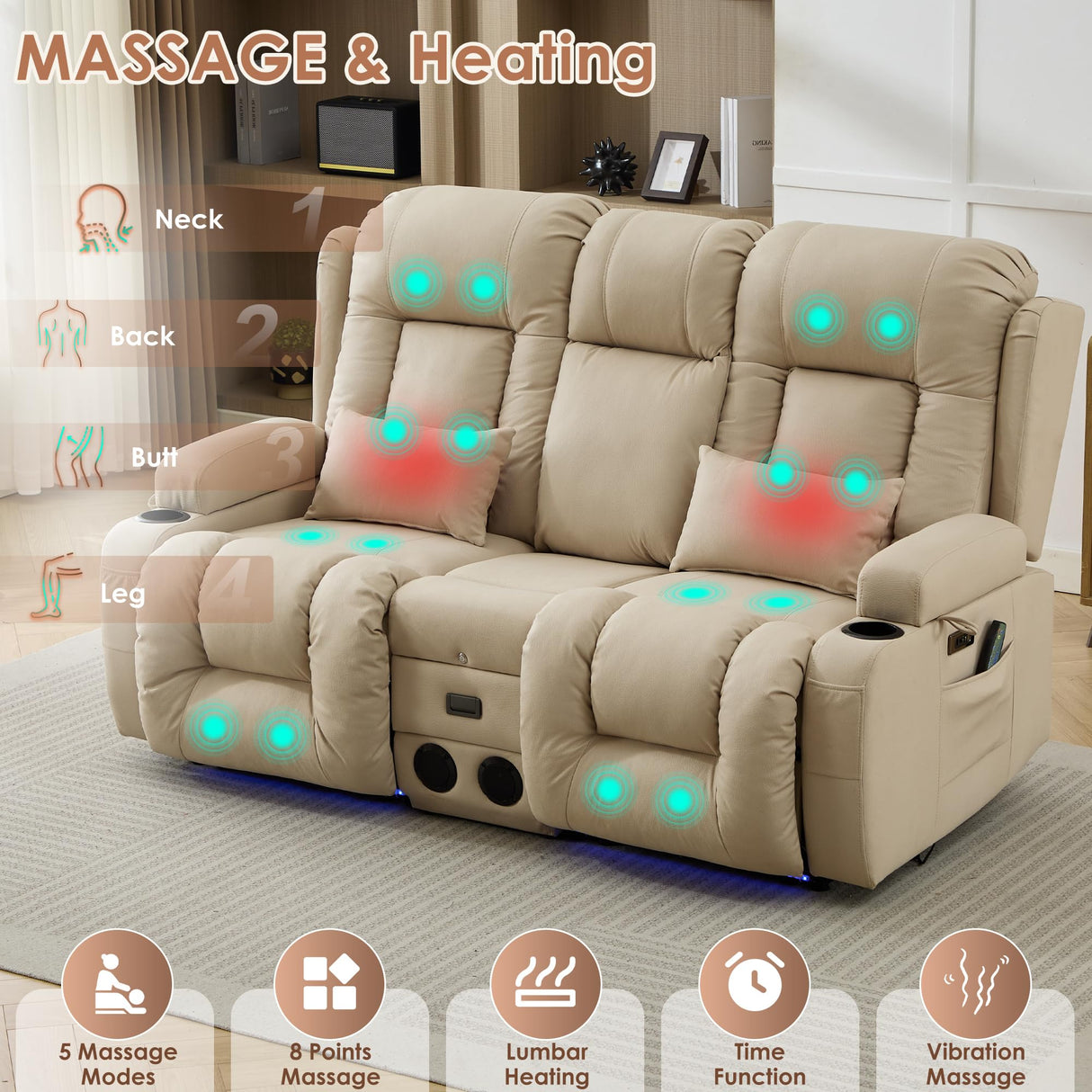 TUNYI Wall Hugger Power Loveseat Recliner - Reclining Loveseat with Console Theater Seating RV Recliner Sofa with USB/Outlet/Speaker/Cup Holder/LED Light/Storage (Beige) TUNYI