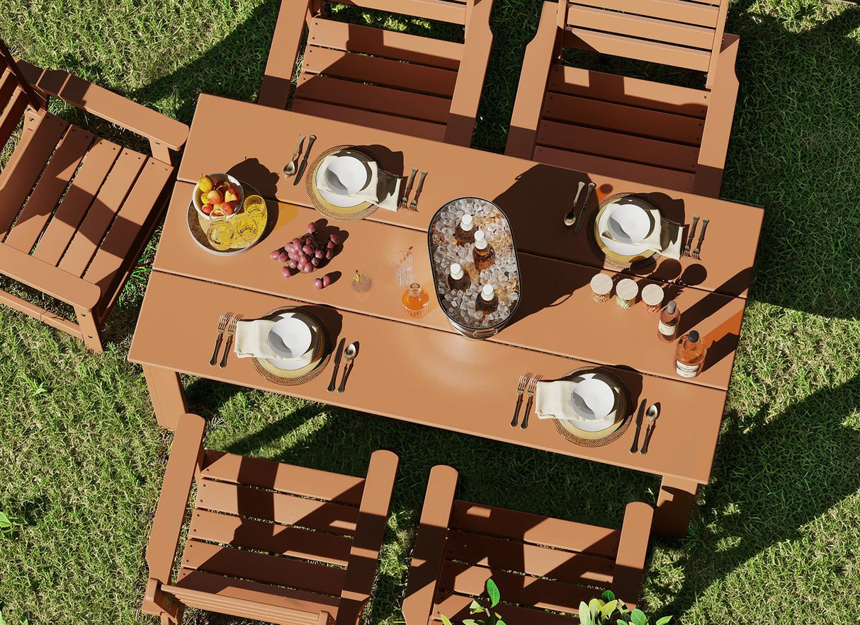 GREENVINES 7-Piece Outdoor Dining Set | HDPE | Patio Table and Chairs Sets for 6 | Patio Furniture | All Weather | Umbrella Hole | Teak | for Backyard Poolside Garden GREENVINES