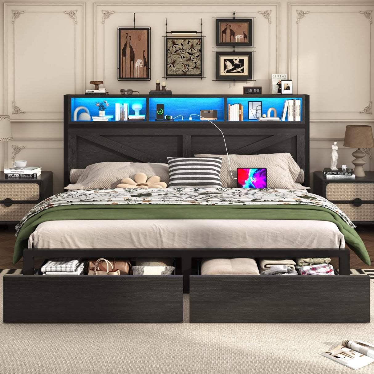 Incyneva Farmhouse King Bed Frame with Bookcase Storage Headboard, Charging Station, LED Light and 2 Storage Drawers, Noise Free, No Box Spring Needed, Black Incyneva