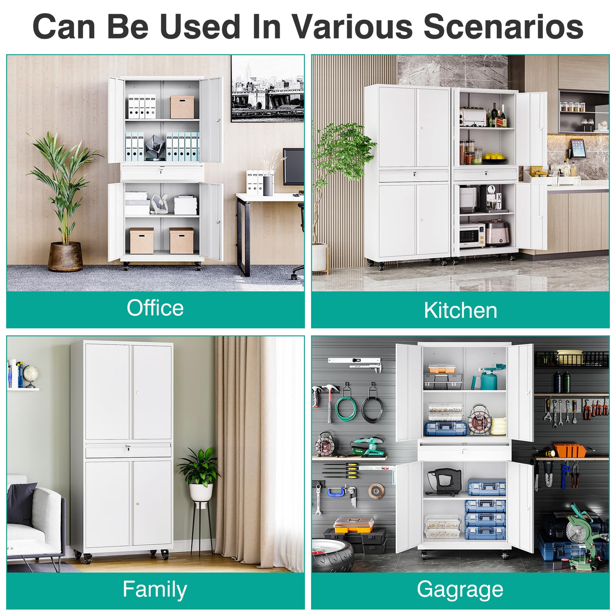 SISESOL White Metal Storage Cabinet with 4 Wheels and 1 Drawer,Rolling Garage Cabinet with Locking Doors and Adjustable Shelves,73" Mobile Tall Large Metal Cabinet for Home,Office,Garage,Shop SISESOL