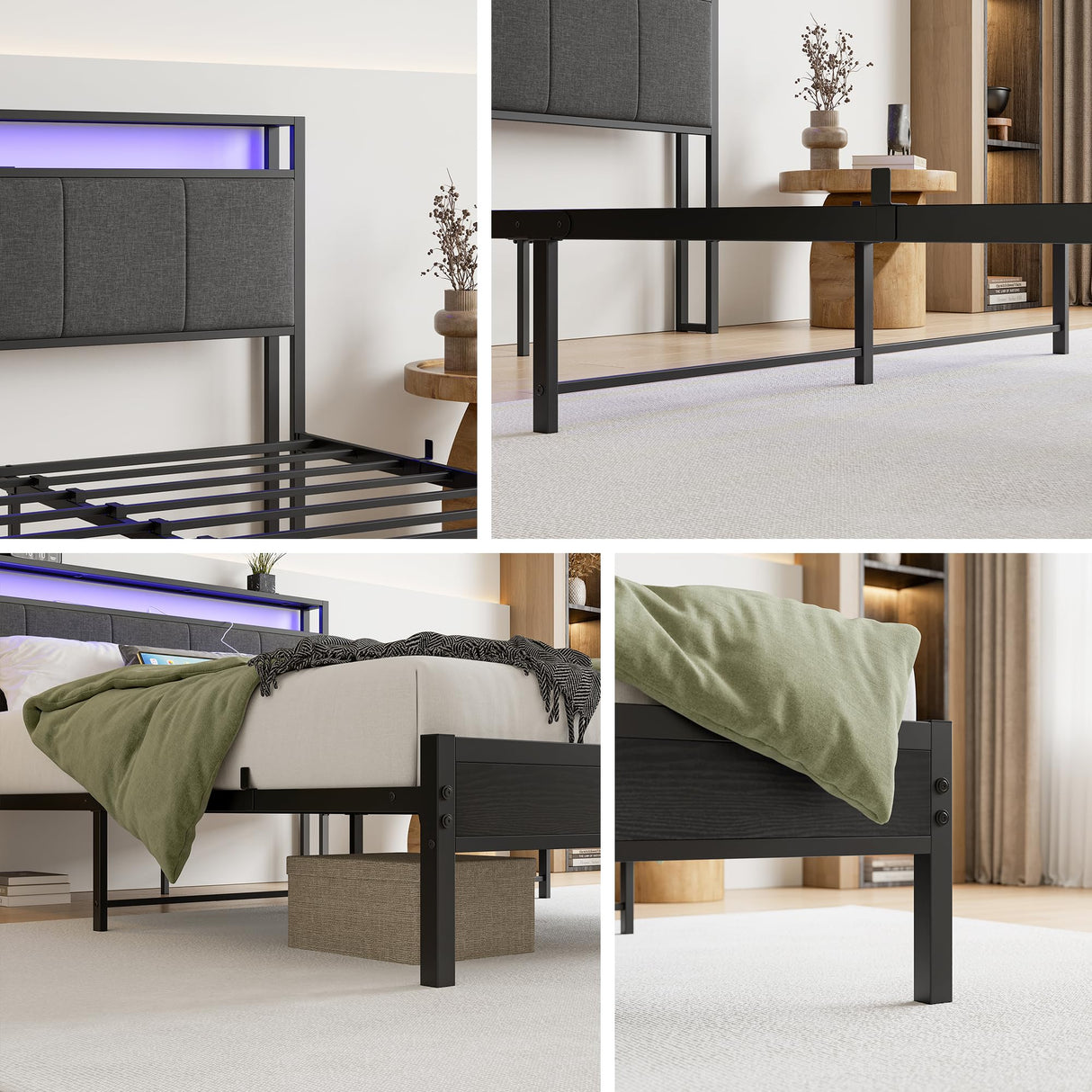 VECOCHO Queen Upholstered Bed Frame with Charging Station, LED Lights, and Headboard Storage - Dark Grey VECOCHO