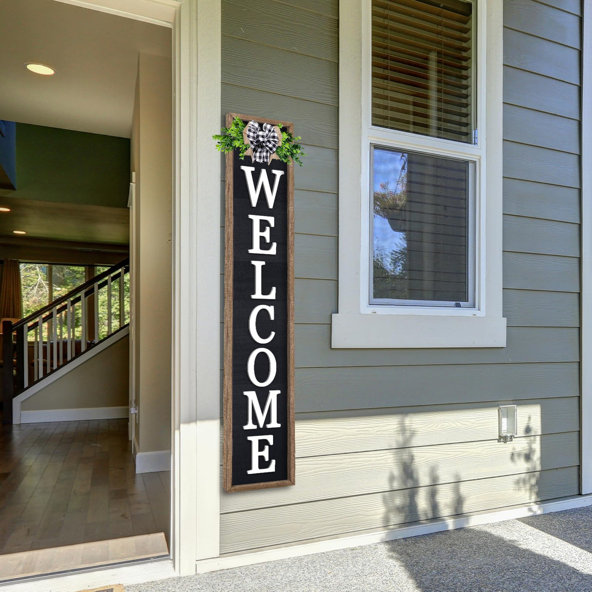 3D Outdoor Welcome Sign for Front Porch Standing 45"X9" Large Rustic Farmhouse Leaner Tall Vertical Soild Wooden Framed Plaque Modren Beautiful Outside Home Front Door Decorations (Wood Black) Foutcheou