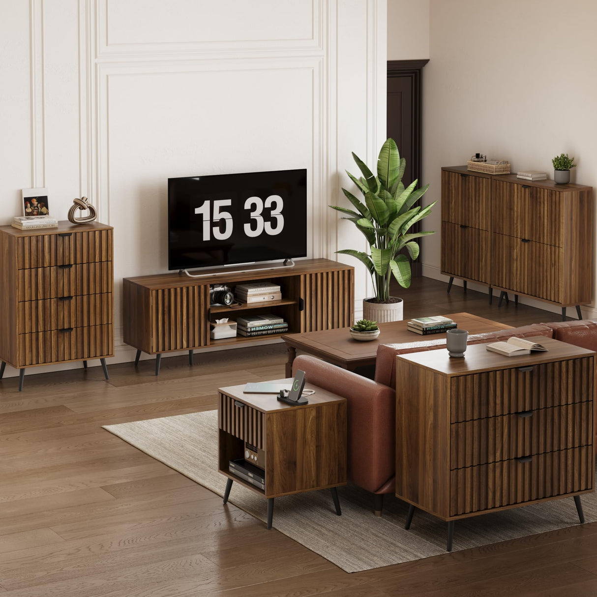 Smart FENDEE Fluted 3 Drawers Dresser, 31.5“ W Mid- Century Modern Wooden Chest of Drawers, Large Night Stand Organizer for Bedroom, Closet, Hallway, Entryway, Walnut Smart FENDEE