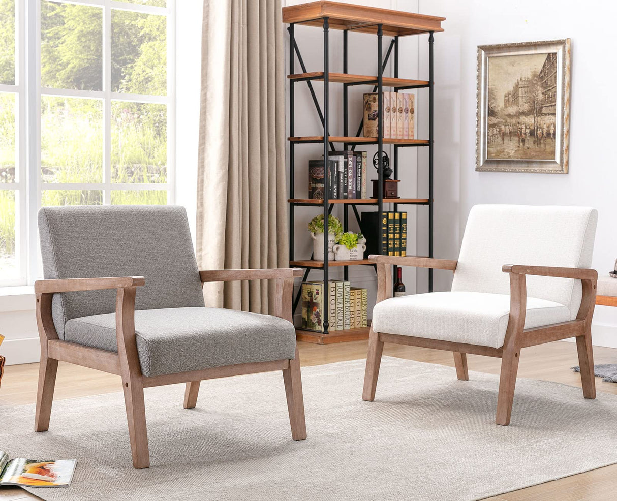 VESCASA 23.2" W Accent Chair with Arms, Comfy Farmhouse Side Chair with Upholstered Seat, Mid Century Modern Reading Chair with White Wash Wood Legs for Living Room/Bedroom, White Linen VESCASA