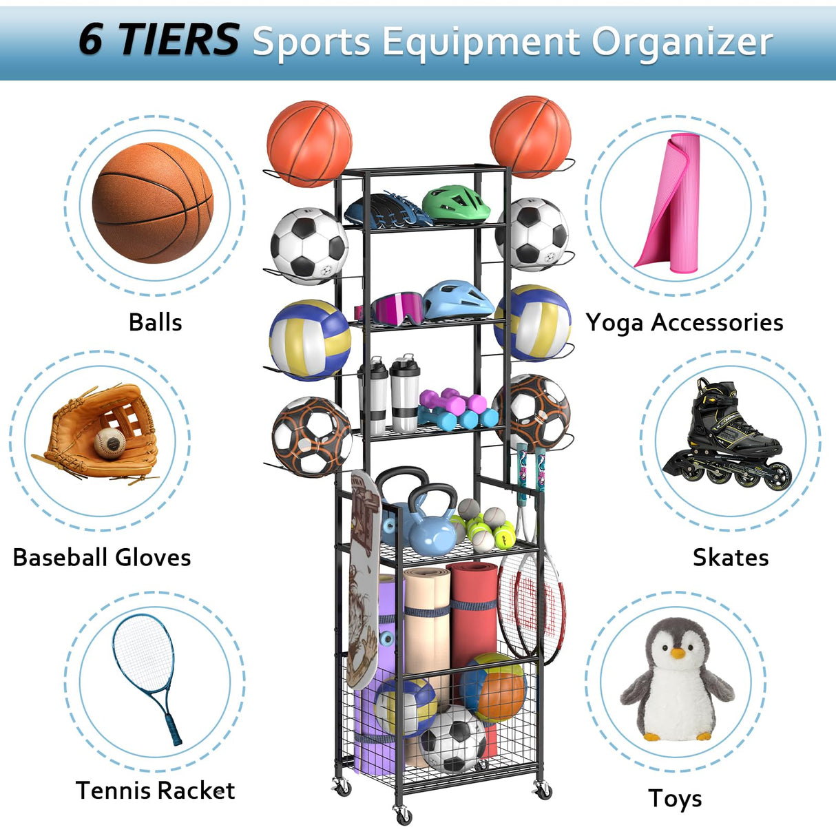 Shinoske Ball Storage Rack with Wheels,6-Tier Basketball Rack with Storage Basket and Hooks,Multi Use Garage Sports Equipment Organizer,for Sports Gear,Volleyball,Football,Indoor/Outdoor Use,Black Shinoske