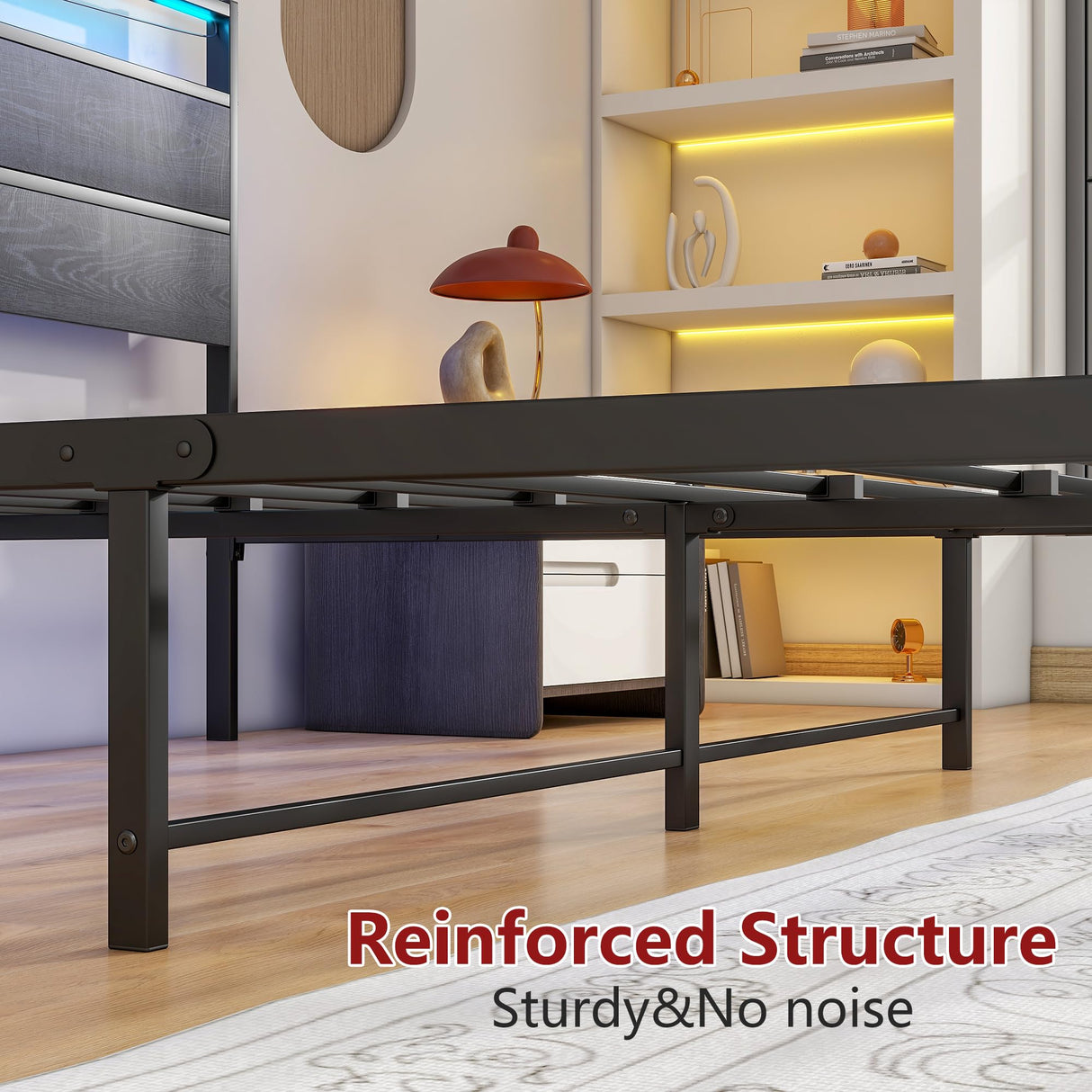 HOJINLINERO Queen Bed Frame with Headboard, LED Lights & Charging Station - Heavy Duty Metal Platform Bed HOJINLINERO