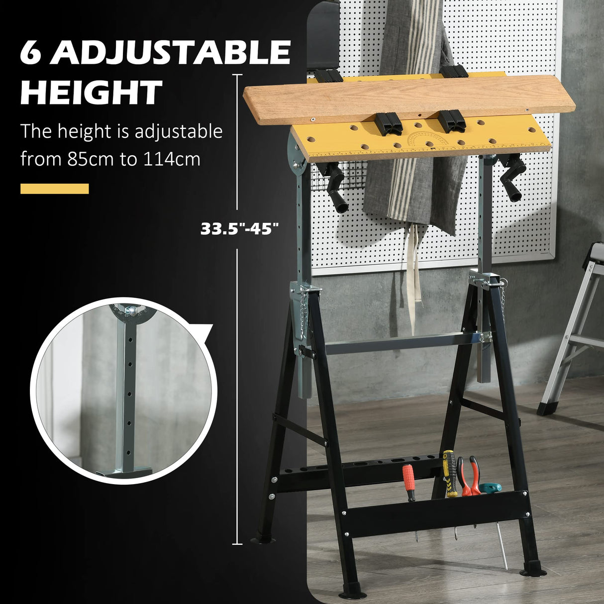 HOMCOM Work Bench Tool Stand with Adjustable Height and Angle, Carpenter Saw Table with 4 Clamps, Steel Frame, 220lbs Capacity HOMCOM