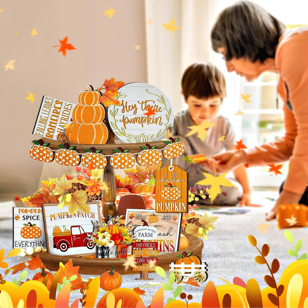 Thanksgiving Tiered Tray Decor Set Pumpkin Home Decorations Rustic Farmhouse Truck Wooden Sign Spice Blocks Autumn Sign for Festival Gift Tabletop (Pumpkin) LWuuywa