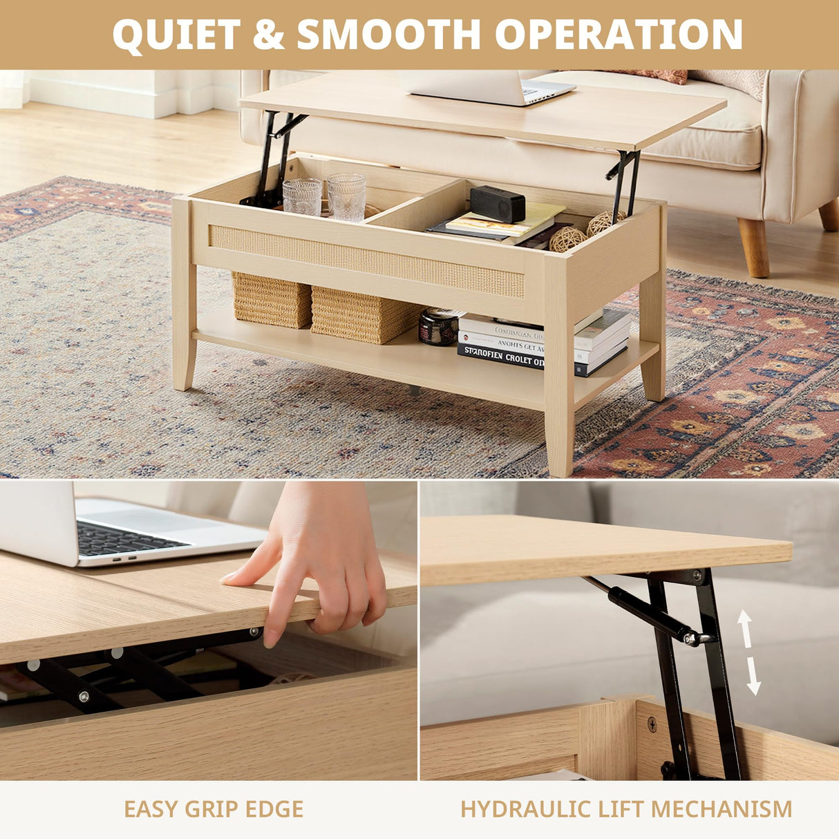 Ink+Ivy Wood Lift Top Coffee Table with Hidden Compartment and Large Storage Shelf, Boho Modern Rattan Dining Rectangle Center Table for Home Living Room Office, 34.5" W, Natural