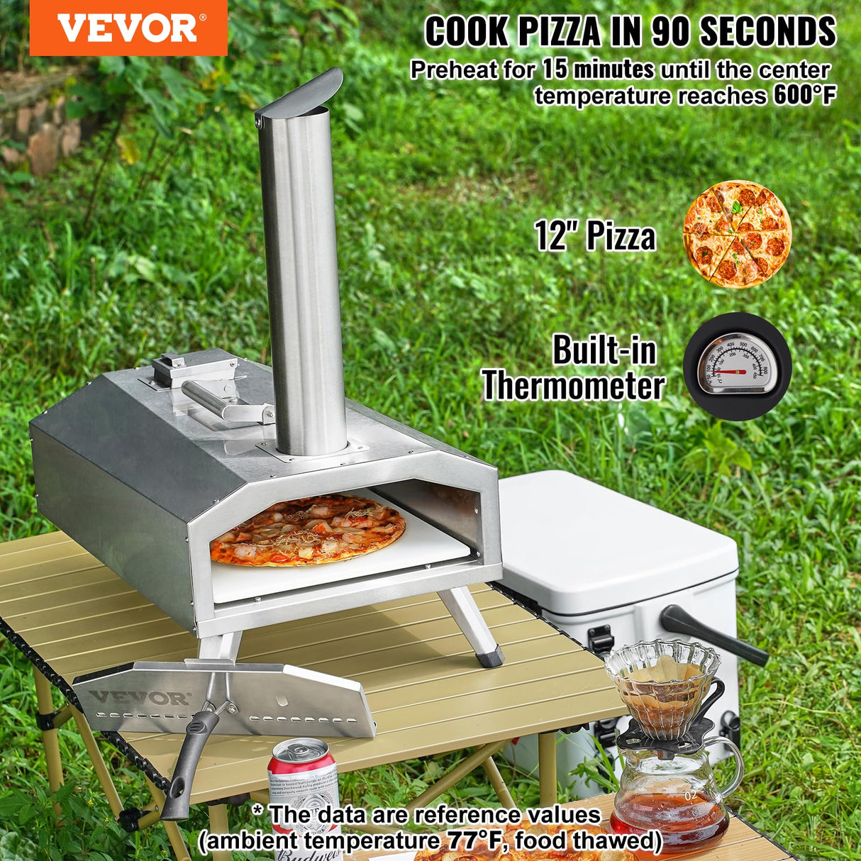 VEVOR Pizza Oven Outdoor, 12" Pellet Pizza Oven, Portable Pizza Stove with Built-in Thermometer, Wood Fired Stainless Steel Pizza Maker, for Backyard, Camping, Pizza Stone, Shovel, Carry Bag, Silver VEVOR