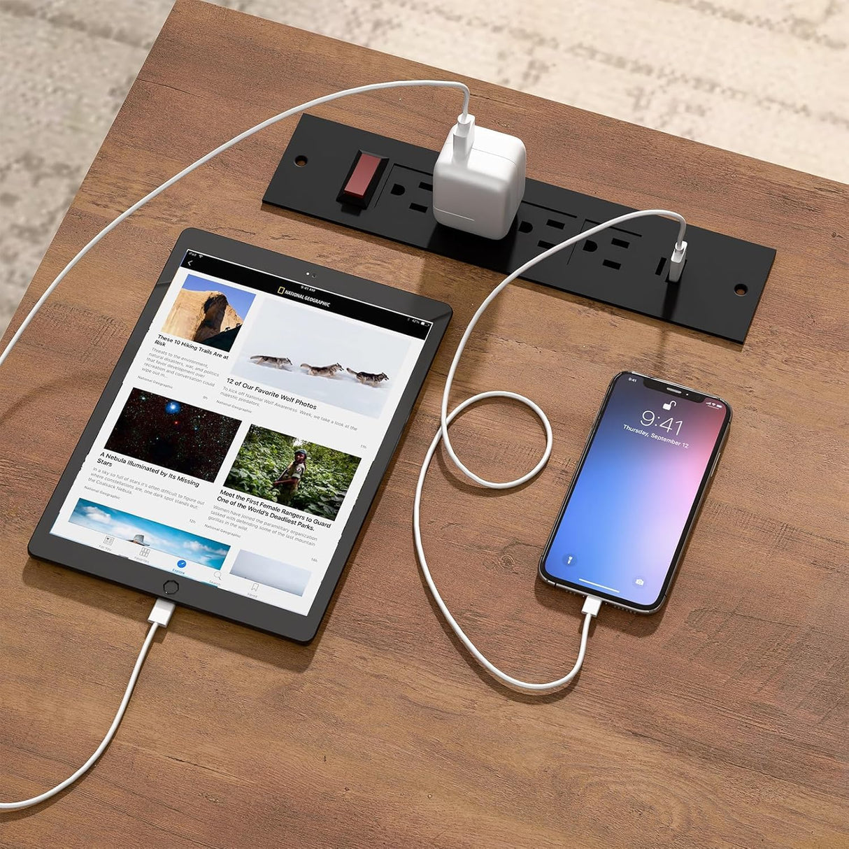 Farmhouse 61'' Executive Desk with 5 Drawers, Rustic Office Desk Computer Desk with Charging Station, File Drawers and Storage Cabinet, Wood Workstation for Study and Home Office,(Unique White) Vabches