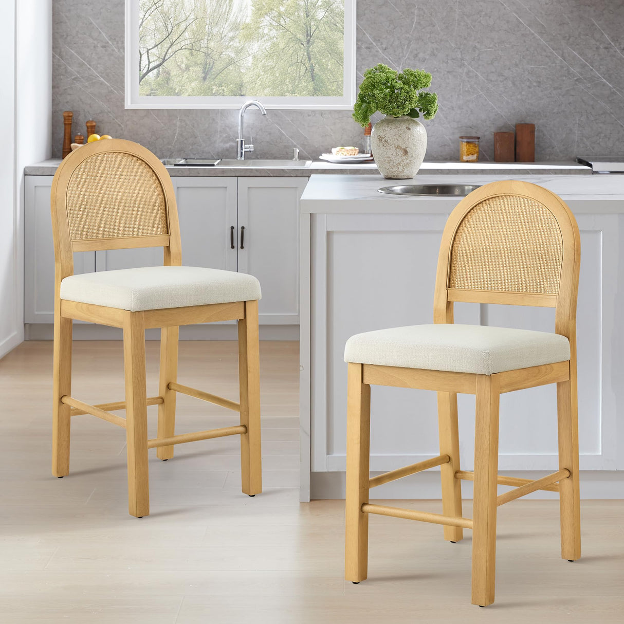 Rattan Counter Height Bar Stools Set of 2, Upholstered Farmhouse Barstools with Natural Rattan Back, Wooden Legs for Kitchen Island, Natural/Linen KISLOT