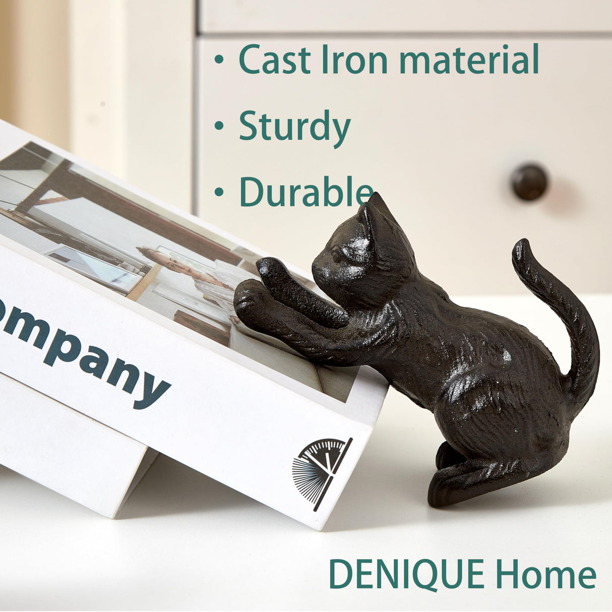 Denique Cat Decorative Bookends, Cute Book Ends to Hold Books, Bookends for Shelves, Unique Cast Iron Book Stopper for Heavy Books, Cat Office Decor, 1 Pair/2 PCS Denique