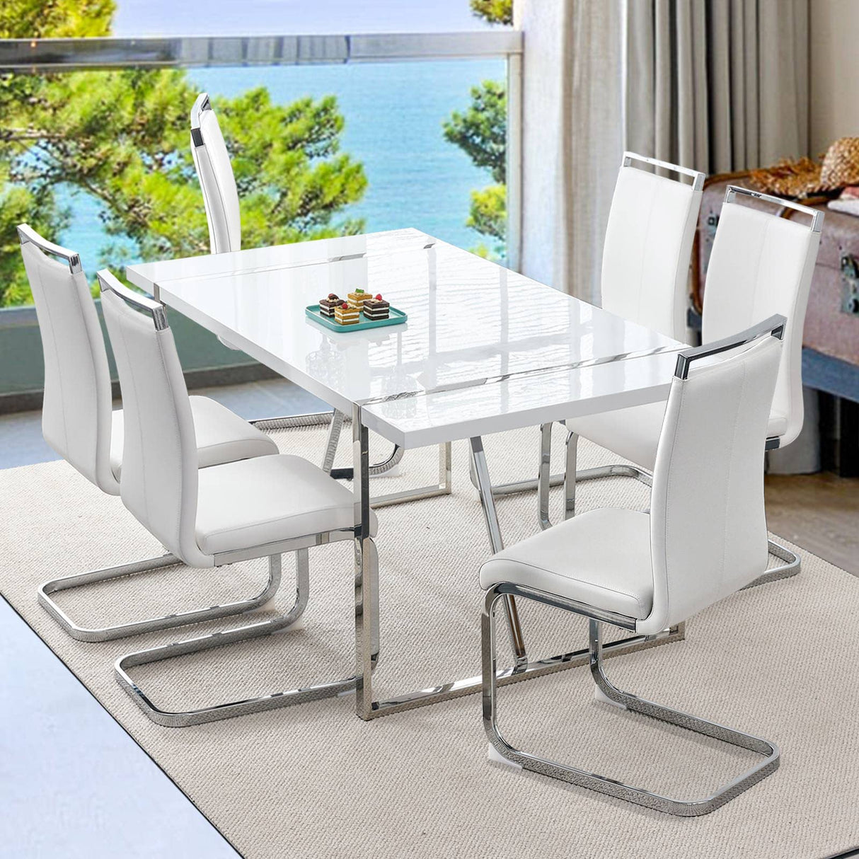 Dining Table Set for 6,White Rectangular MDF Kitchen Table and Leather Dining Chairs Set of 6, 7 Piece Dining Table Set,Modern Metal Frame Dining Room Table Set 6 with Metal Frame For Kitchen Ebullient