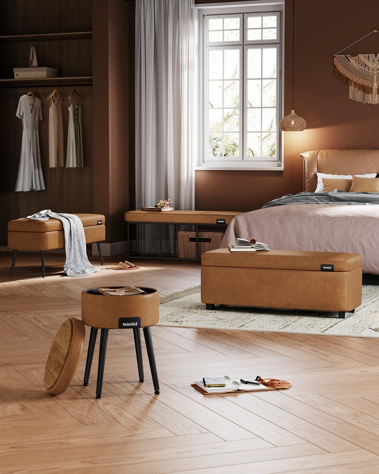 VASAGLE EKHO Collection - Storage Ottoman Bench, Entryway Bedroom Bench, 25 Gallons, Synthetic Leather with Stitching, Mid-Century Modern, Safety Hinges, Loads 660 lb, Caramel Brown ULOM075K01 VASAGLE