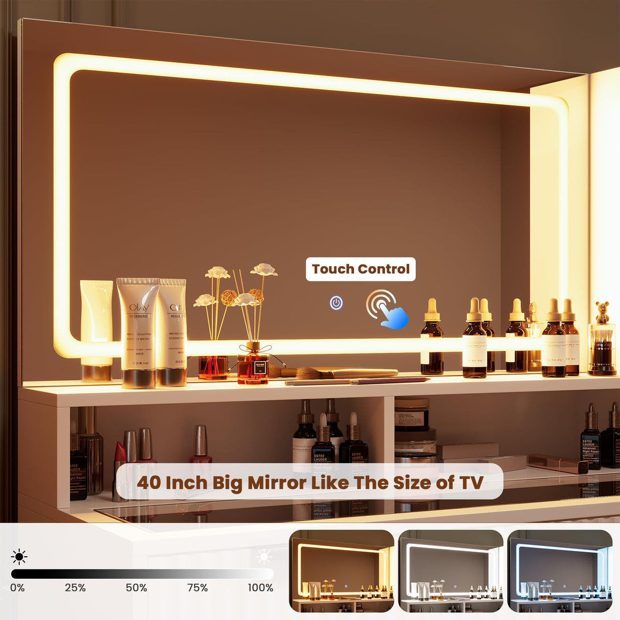 HAIOOU Fluted Vanity Desk with Mirror and Lights,48" Large Makeup Vanity Desk with Charging Station,Dressing Table with 4 Drawers & 3 Open Storage Shelves, Glass Top for Bedroom, White HAIOOU