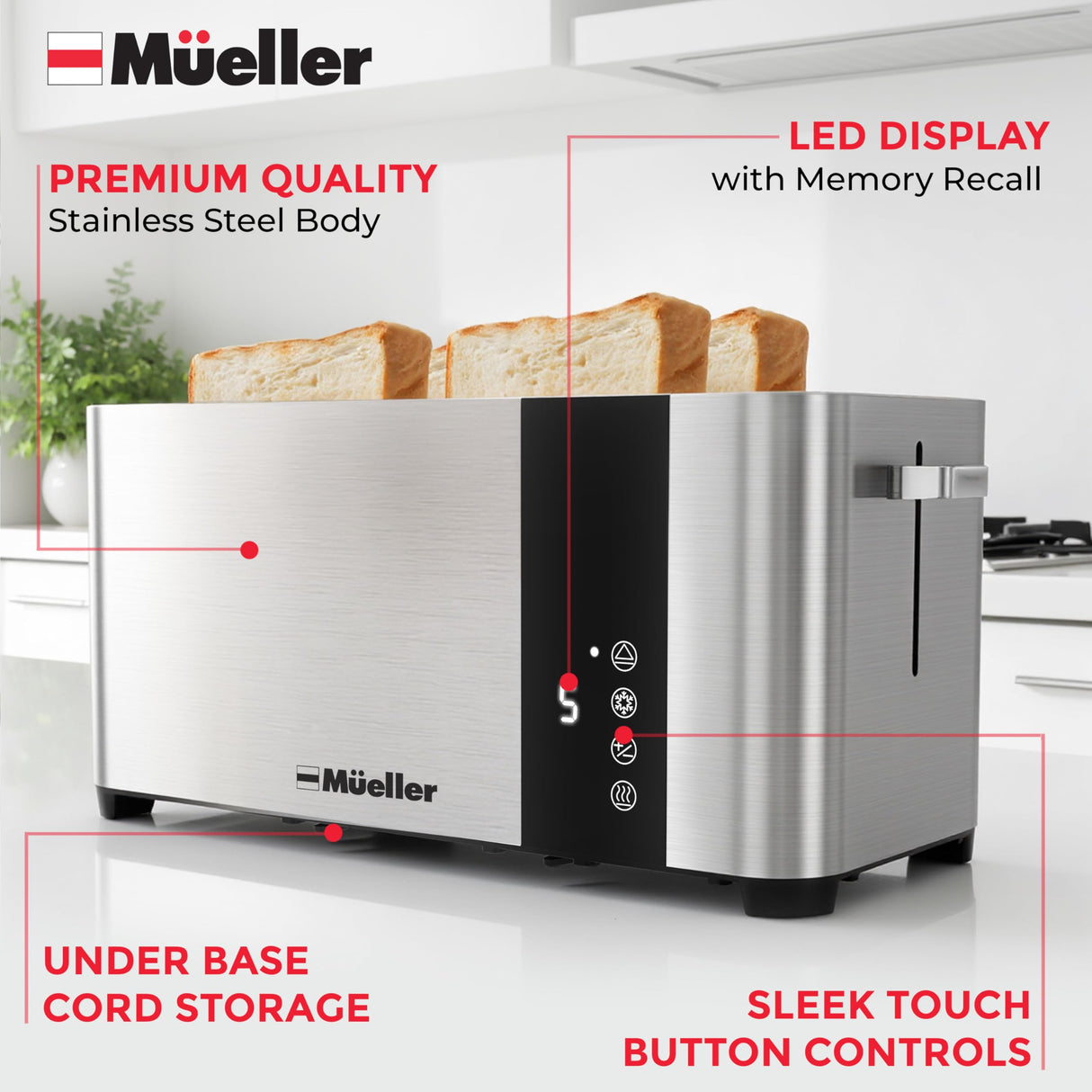 Mueller UltraToast Full Stainless Steel Toaster 4 Slice, Long Extra-Wide Slots with Removable Tray, Cancel/Defrost/Reheat Functions, 6 Browning Levels with LED Display, Kitchen Essentials & Gadgets Mueller