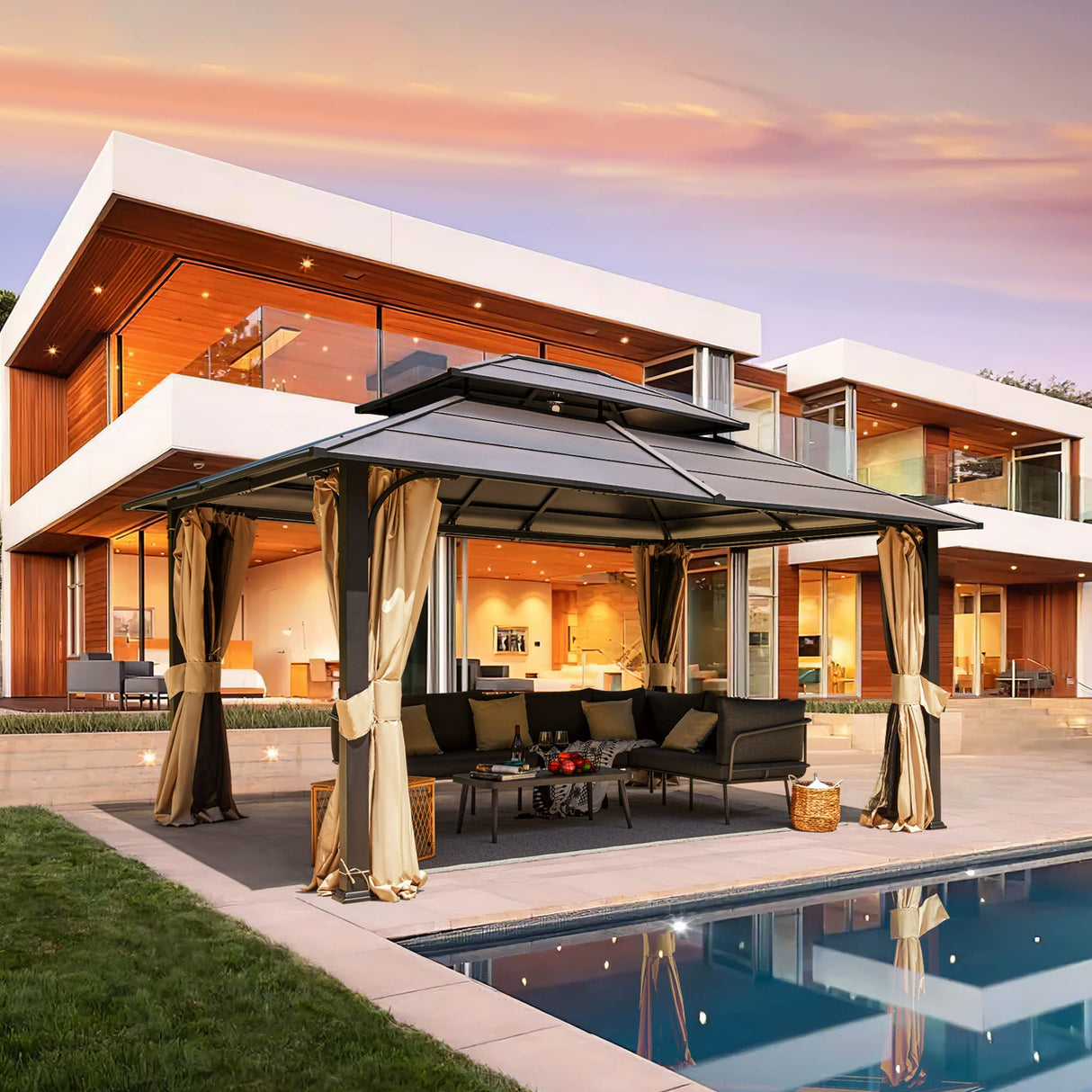 MELLCOM 12 x 14 FT Iron Hardtop Gazebo, Double Roof Gazebo with Curtains and Netting, Waterproof Canopy Gazebo with Anti-Rust Coating Frame for Patios, Lawns, Gardens, and Backyard MELLCOM